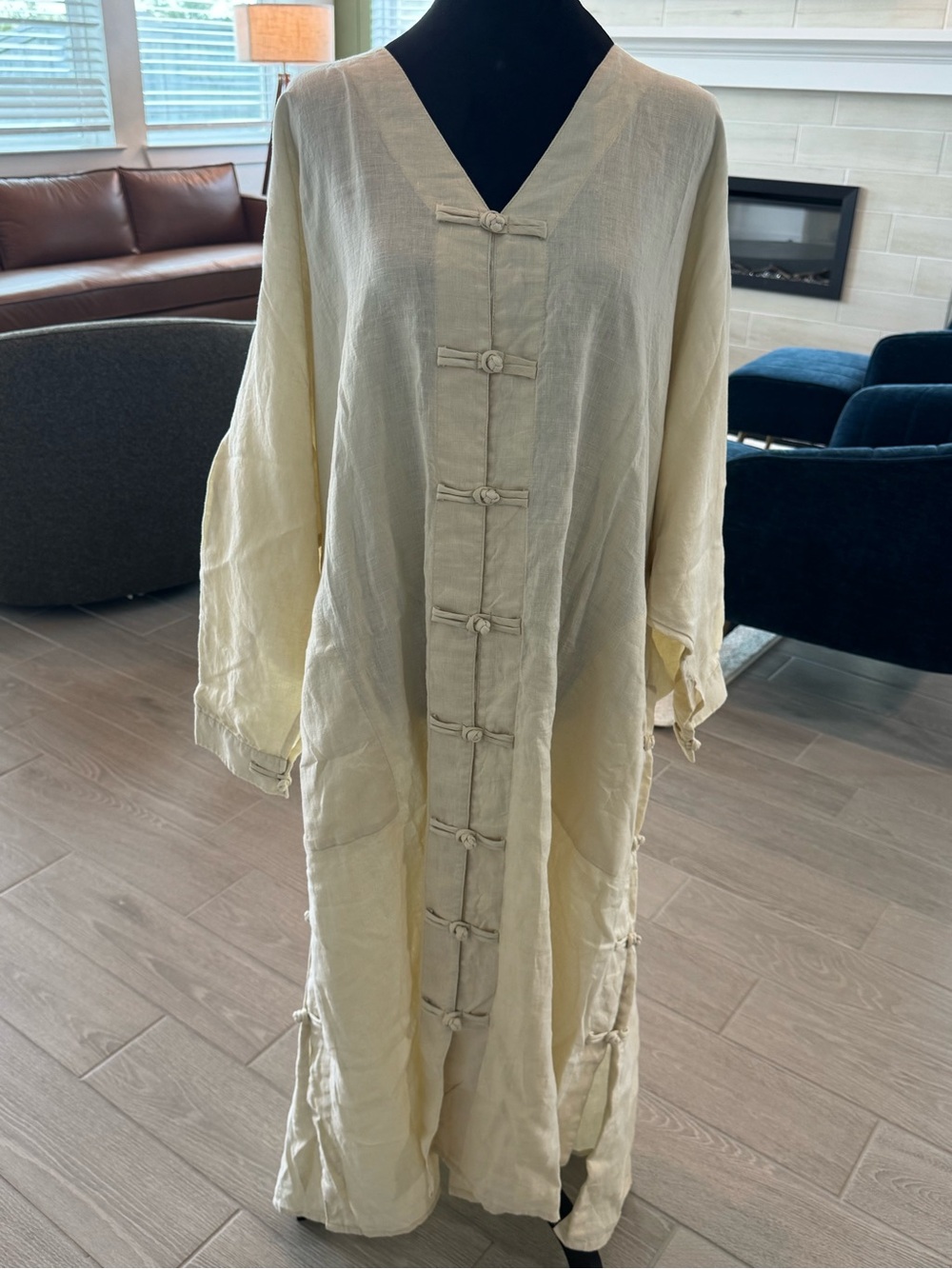 MYRAH PENALOZA 100% Linen Frog Button Asian Inspired Dress One Size NWT